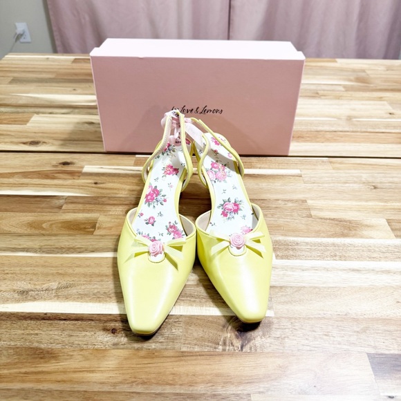 For Love & Lemons Suzette Heel Yellow & Pink Floral Rosette Slingback Shoes - Picture 7 of 13